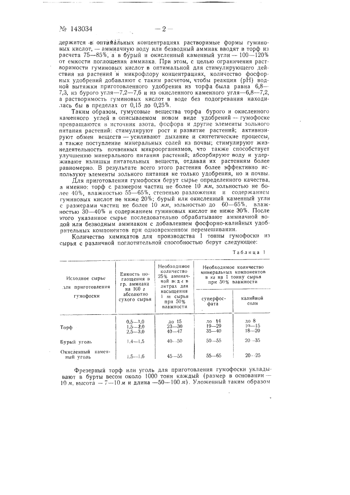 Способ приготовления органо-минерально-гуминовых удобрений, например, гумофоски (патент 143034)