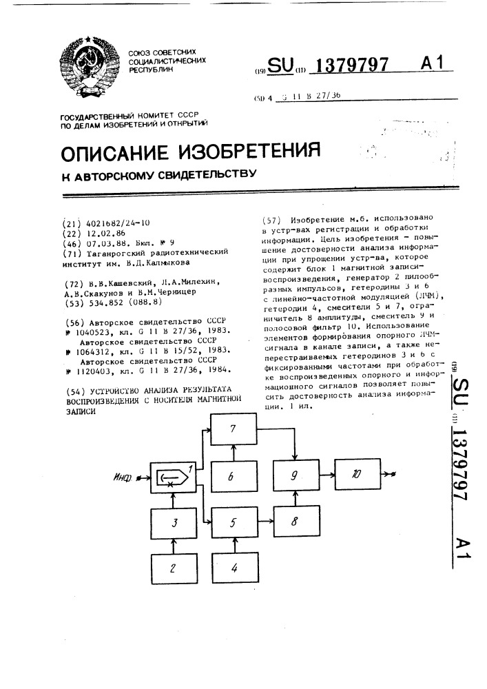 Устройство анализа результата воспроизведения с носителя магнитной записи (патент 1379797)