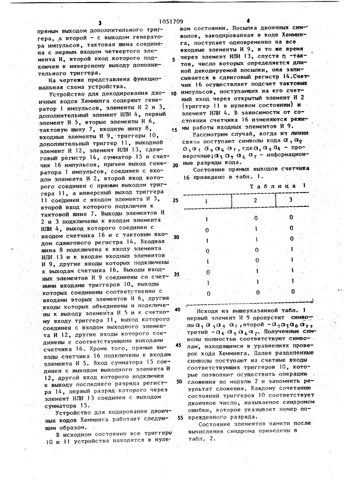 Устройство для декодирования двоичных кодов хемминга (патент 1051709)