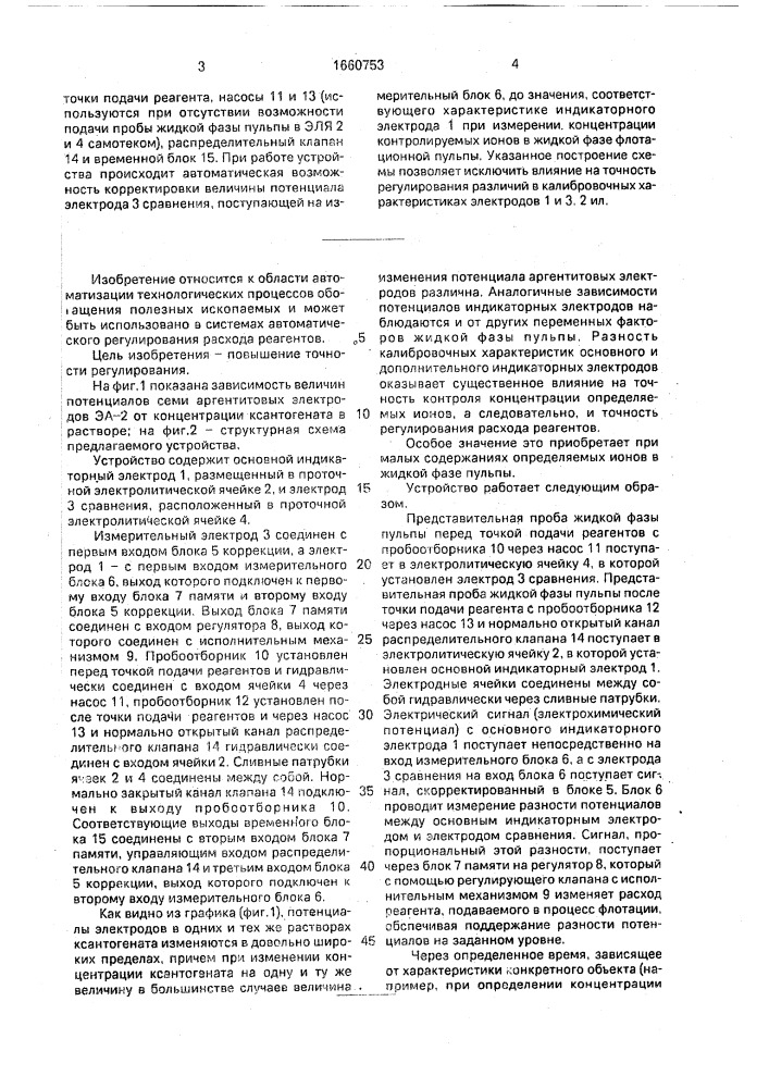 Устройство для автоматического регулирования расхода реагентов (патент 1660753)