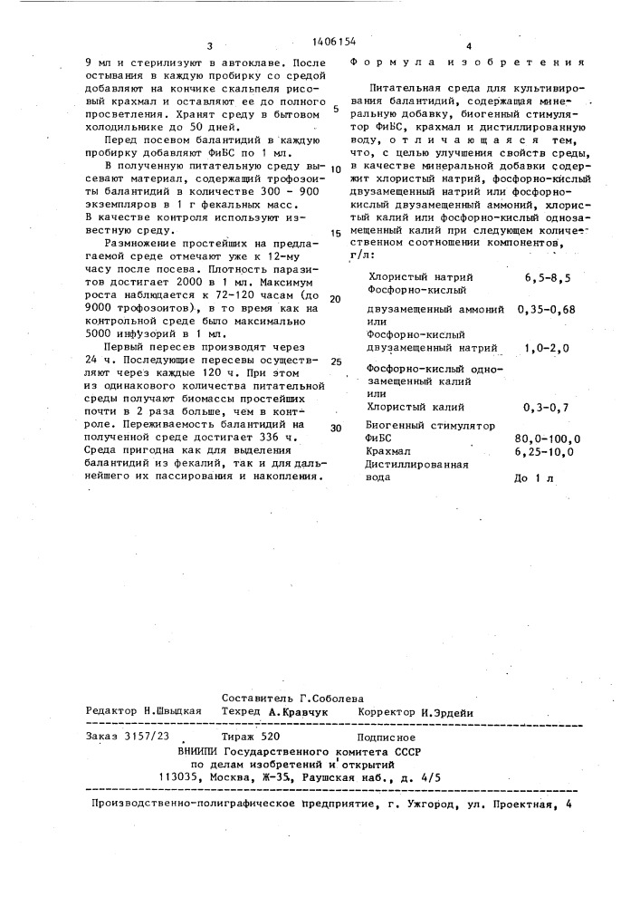 Питательная среда для культивирования балантидий (патент 1406154)