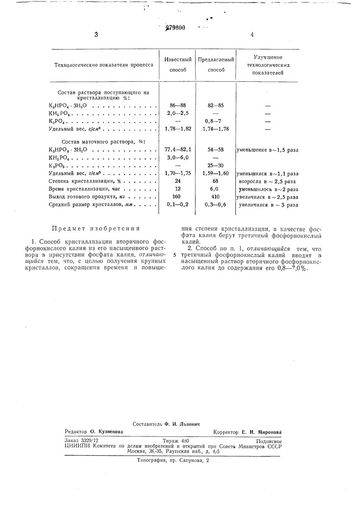 Способ кристаллизации вторичного фосфорнокислого калия (патент 279600)