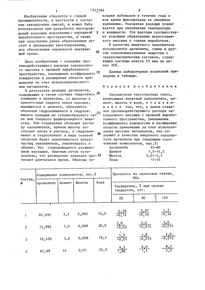 Закладочная тиксотропная смесь (патент 1317164)