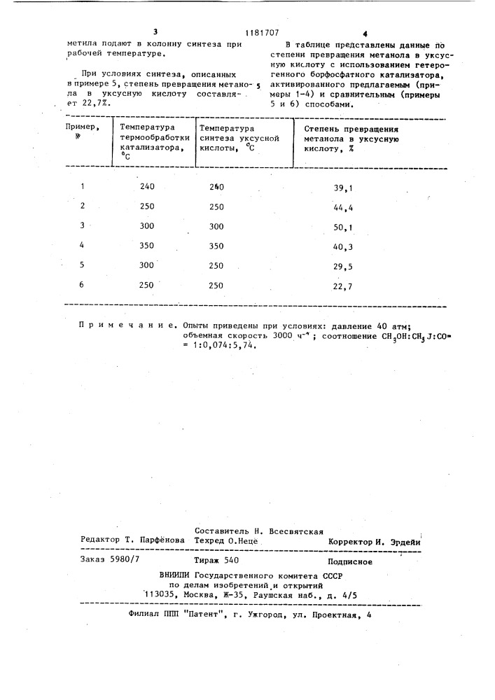 Способ активации борфосфатного катализатора для синтеза уксусной кислоты (патент 1181707)