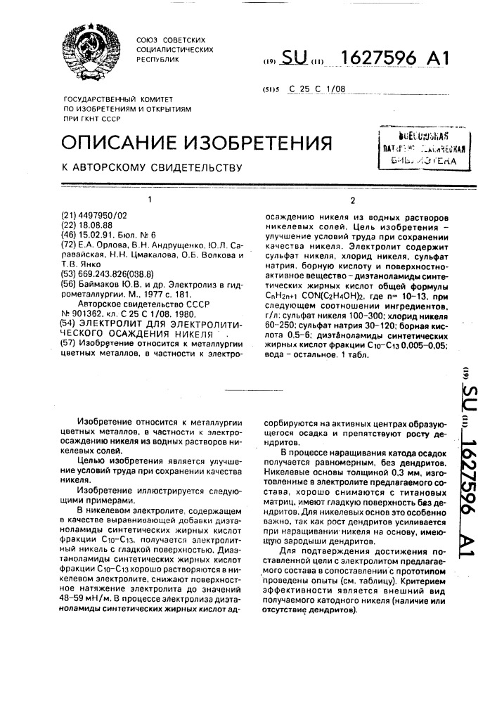 Электролит для электролитического осаждения никеля (патент 1627596)