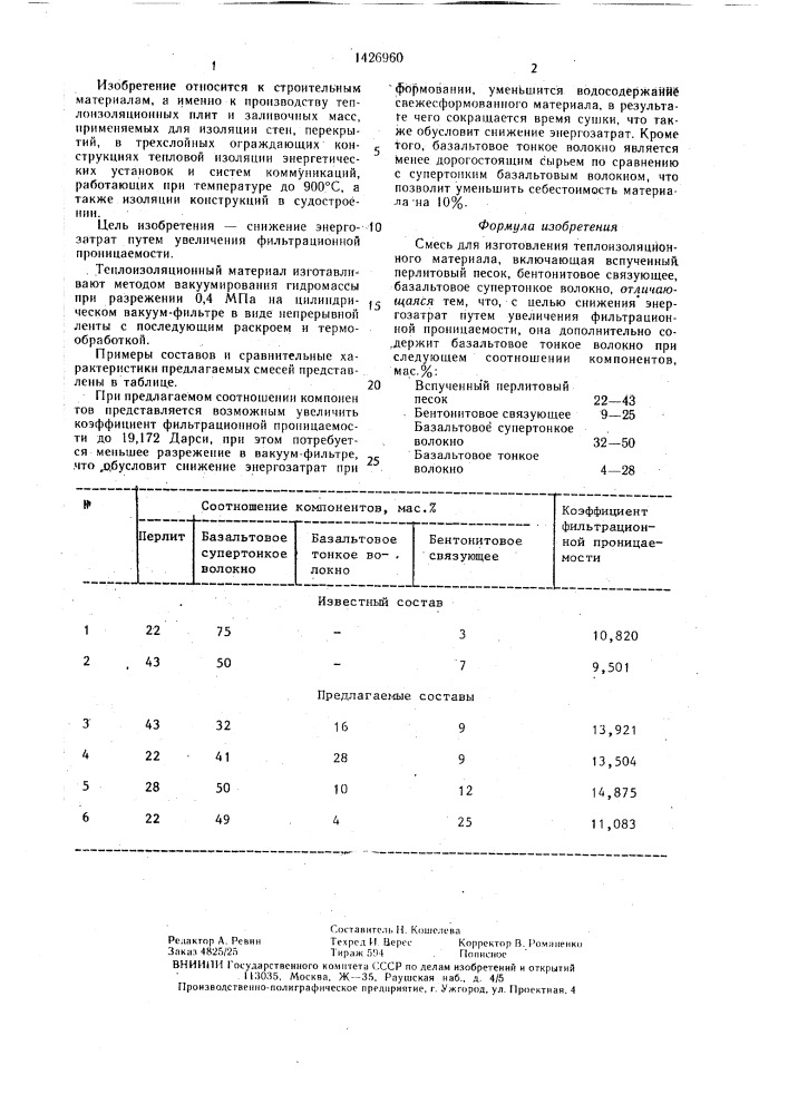 Смесь для изготовления теплоизоляционного материала (патент 1426960)
