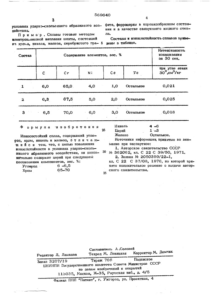 Износостойкий сплав (патент 569640)