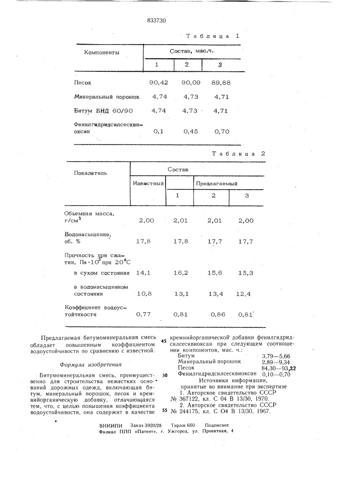 Битумоминеральная смесь (патент 833730)
