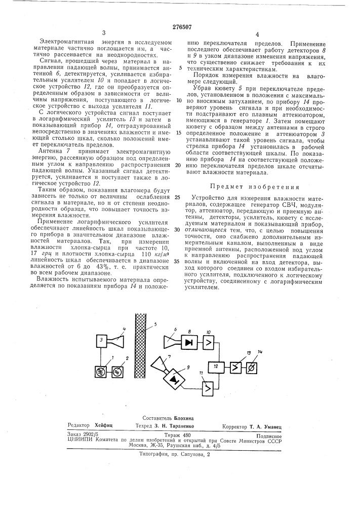 Устройство для измерения влажиости материалов (патент 276507)