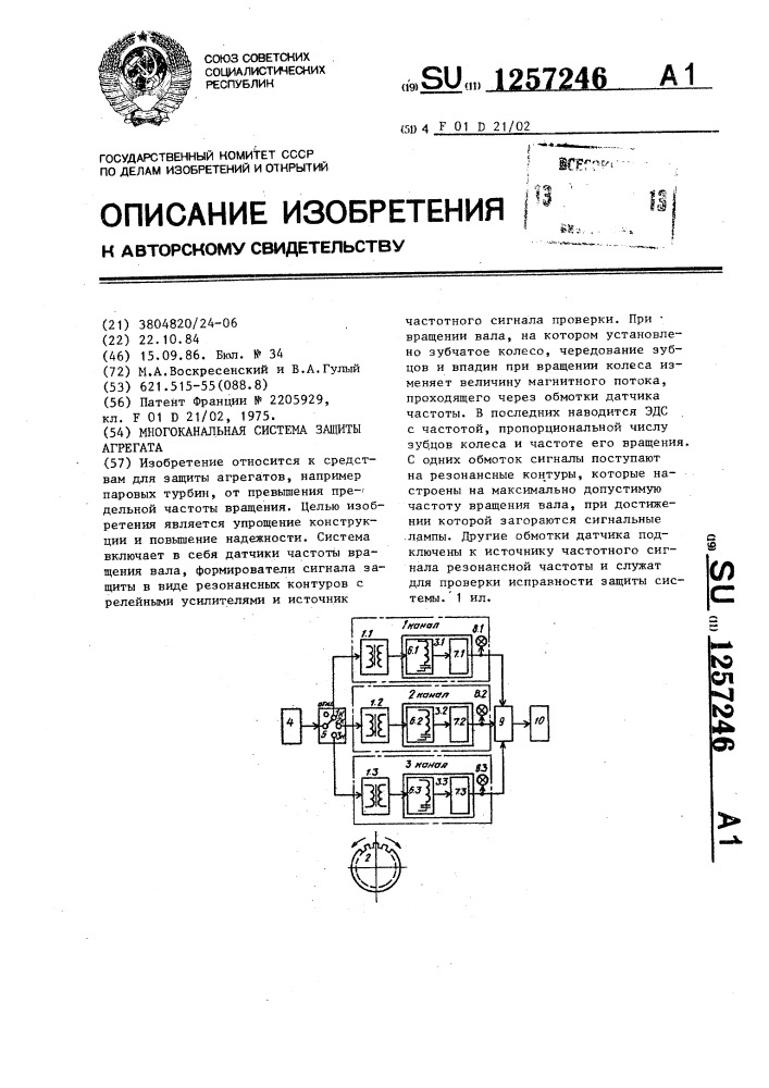 Многоканальная система защиты агрегата (патент 1257246)