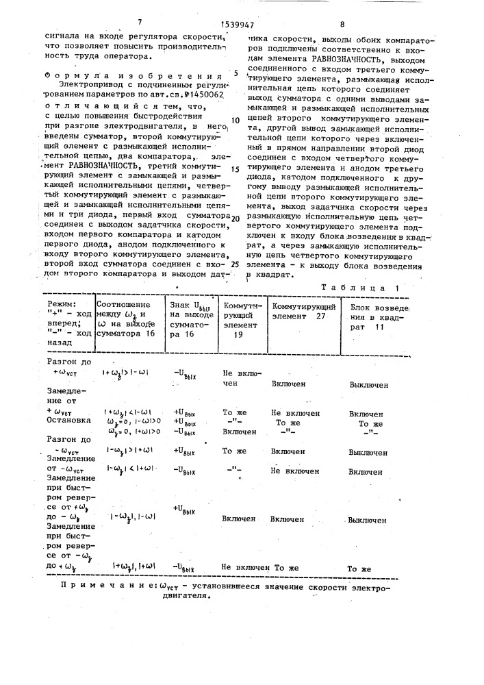 Электропривод с подчиненным регулированием параметров (патент 1539947)