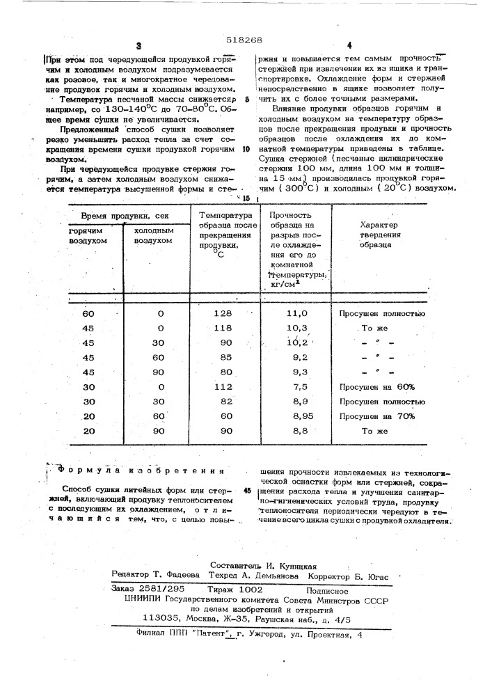 Способ сушки литейных форм или стержней (патент 518268)