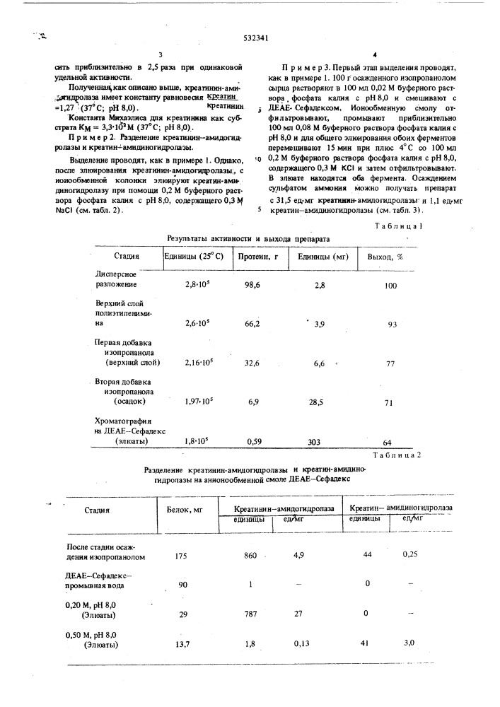 Способ выделения фермента, катализирующего превращение креатинина в креатин и фермента, катализирующего превращение креатина в саркозин и мочевину (патент 532341)