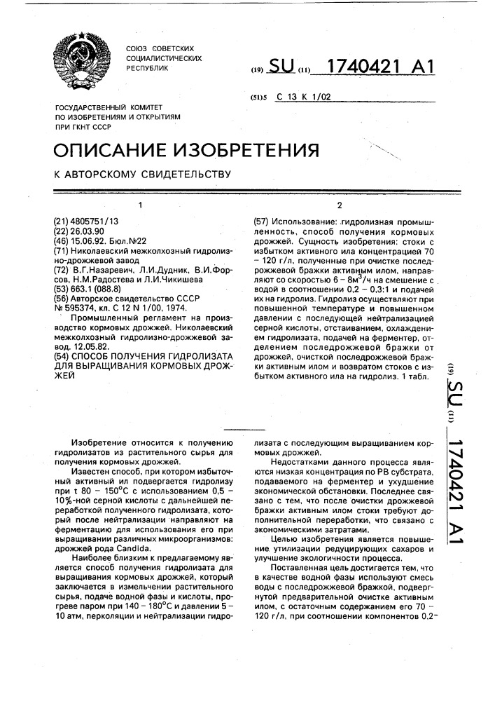 Способ получения гидролизата для выращивания кормовых дрожжей (патент 1740421)