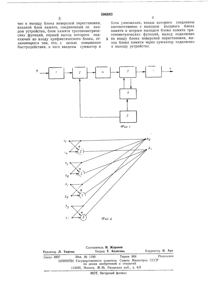 Устройство для вычисления коэффициентов дискретного преобразования фурье (патент 506883)