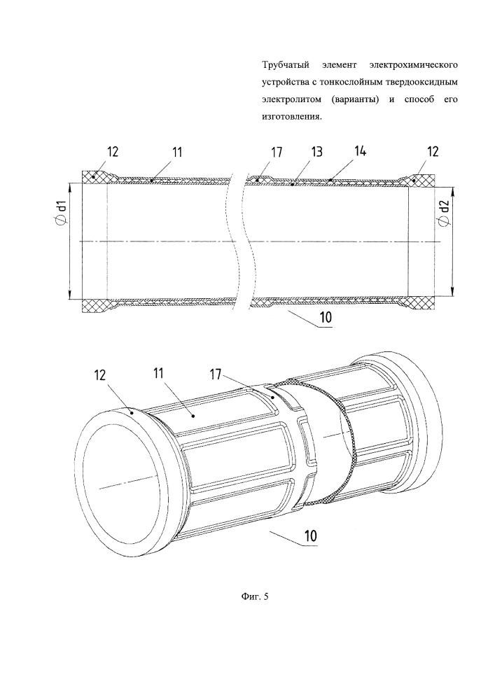 Трубчатый элемент электрохимического устройства с тонкослойным твердооксидным электролитом (варианты) и способ его изготовления (патент 2625460)