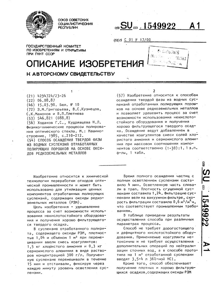 Способ осаждения твердой фазы из водных суспензий отработанных полирующих порошков на основе оксидов редкоземельных металлов (патент 1549922)