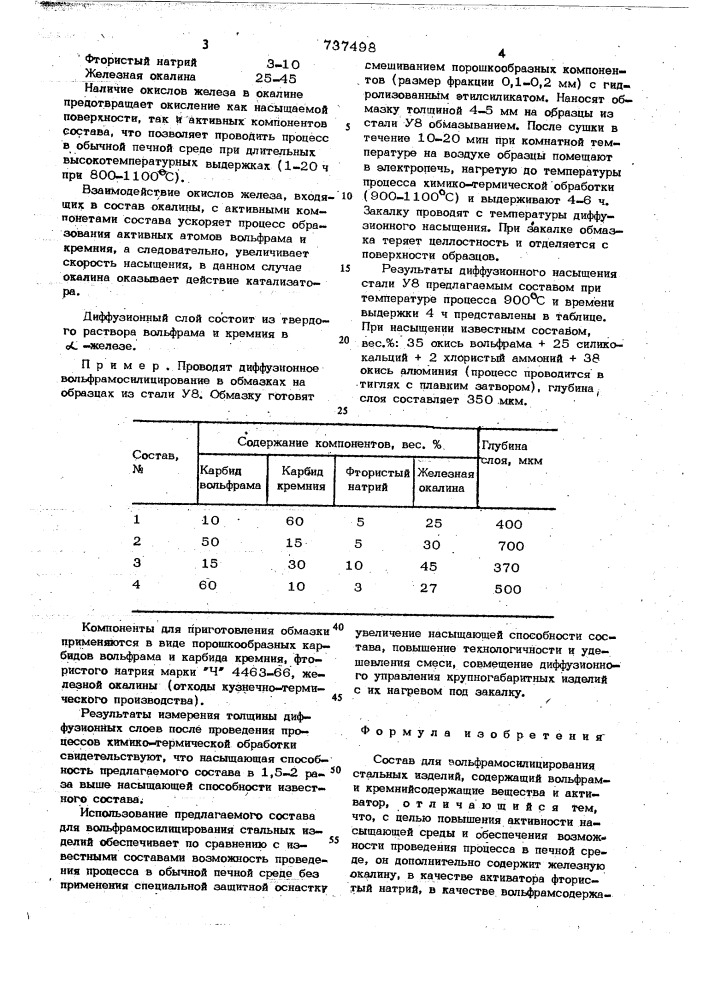 Состав для вольфрамосилицирования стальных изделий (патент 737498)