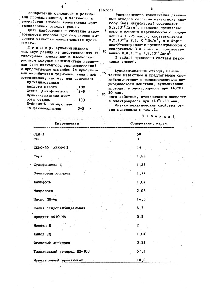 Способ измельчения вулканизованных отходов резин (патент 1162831)