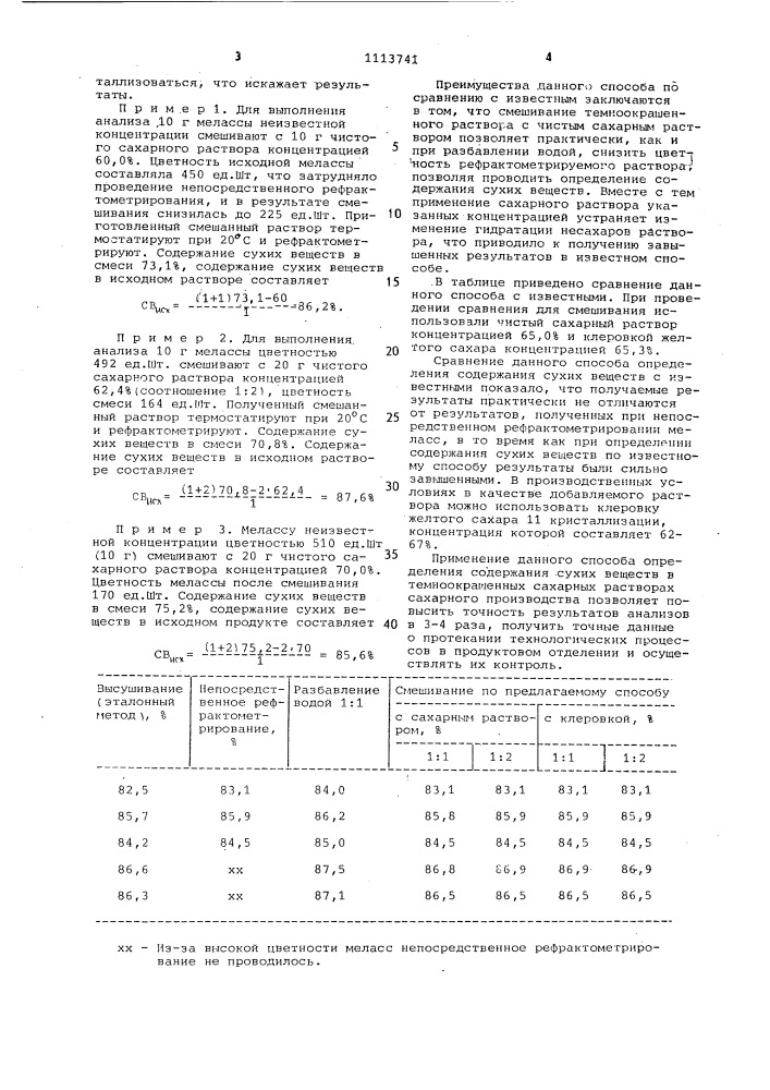 Способ определения содержания сухих веществ в темноокрашенных сахарных растворах (патент 1113741)