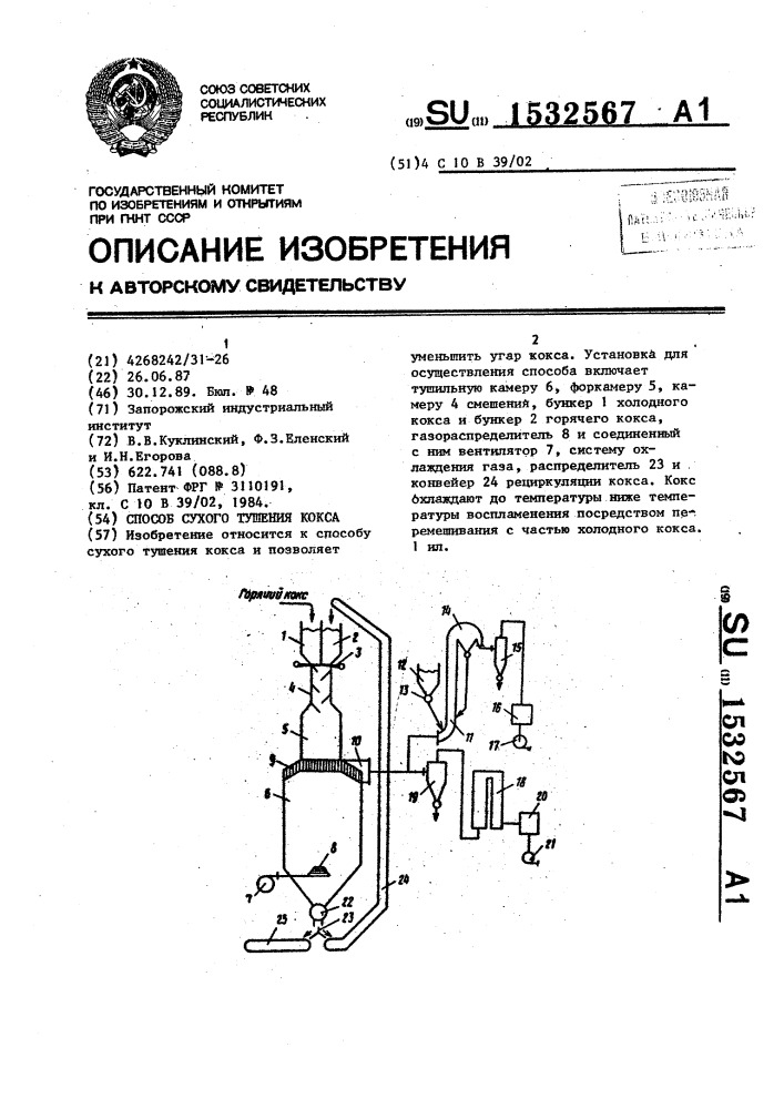 Способ сухого тушения кокса (патент 1532567)