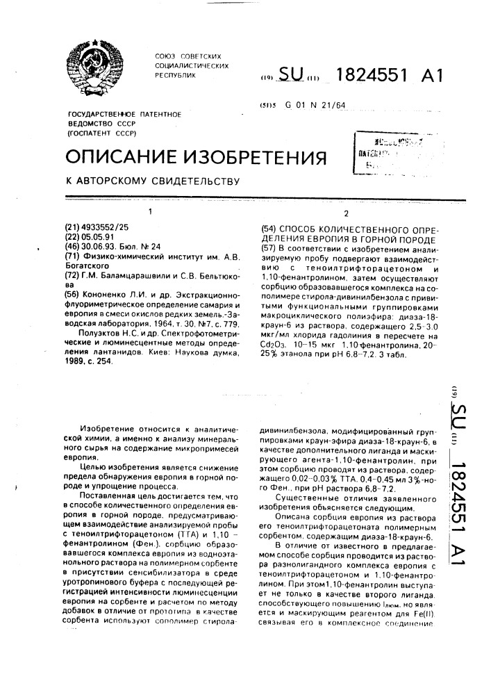 Способ количественного определения европия в горной породе (патент 1824551)