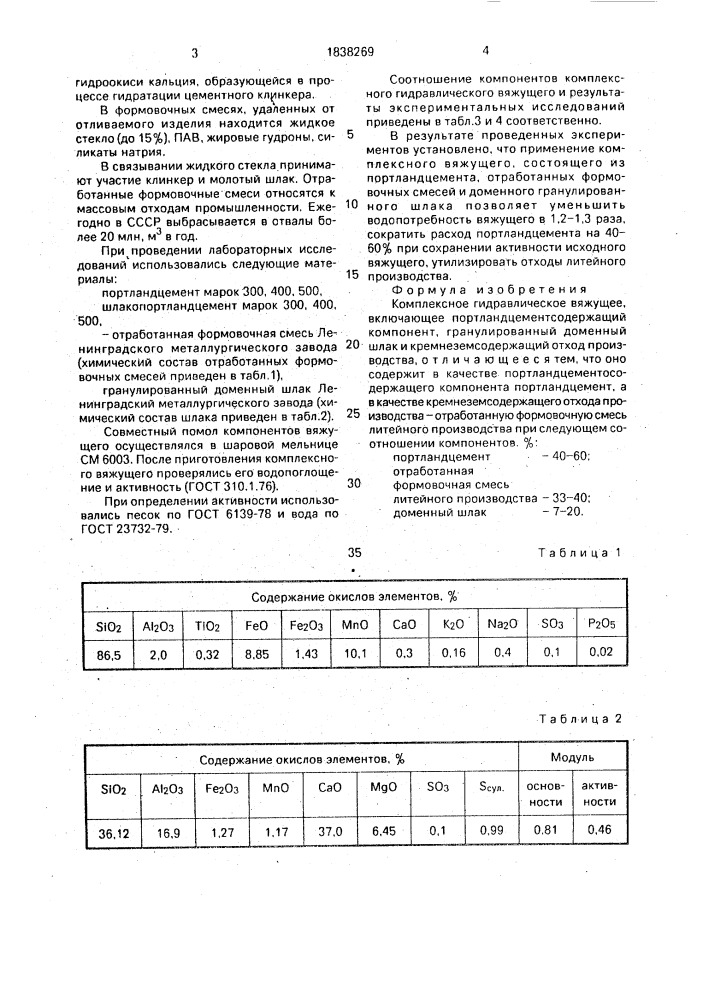 Комплексное гидравлическое вяжущее (патент 1838269)