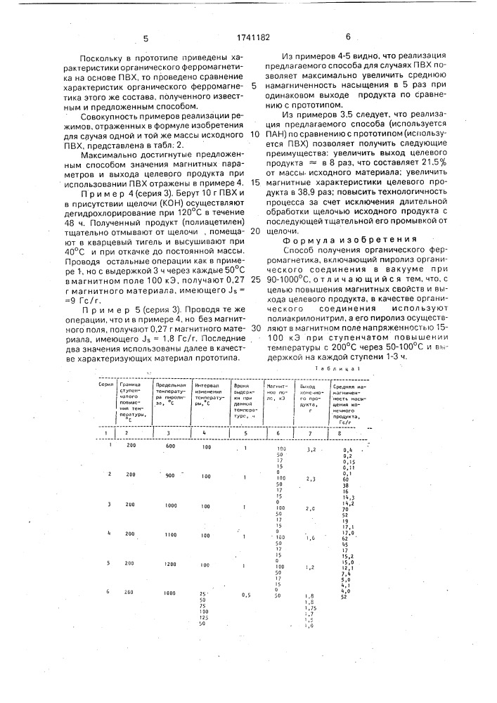 Способ получения органического ферромагнетика (патент 1741182)