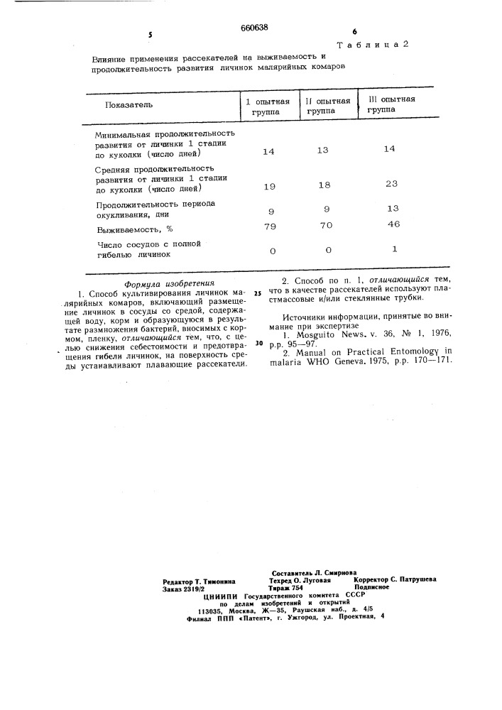 Способ культивирования личинок малярийных комаров (патент 660638)