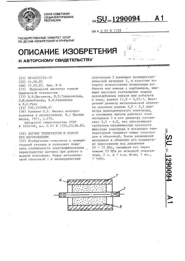 Датчик температуры и способ его изготовления (патент 1290094)