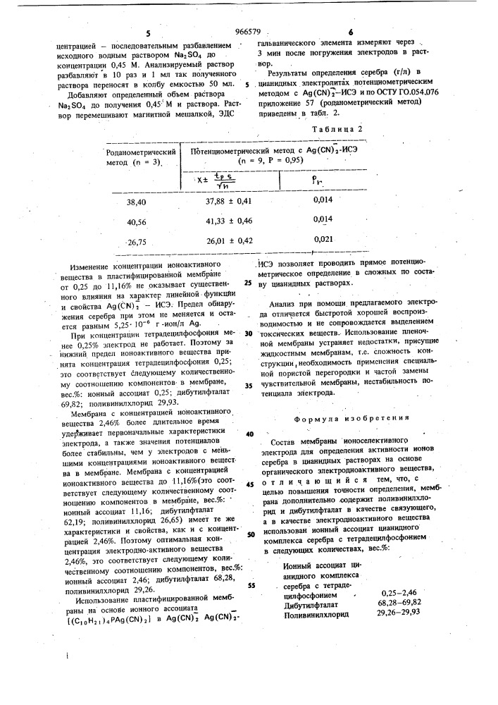Состав мембраны ионоселективного электрода для определения активности ионов серебра в цианидных растворах (патент 966579)