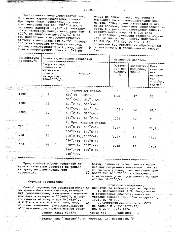 Способ термической обработки железо-хром-кобальтовых сплавов (патент 692869)