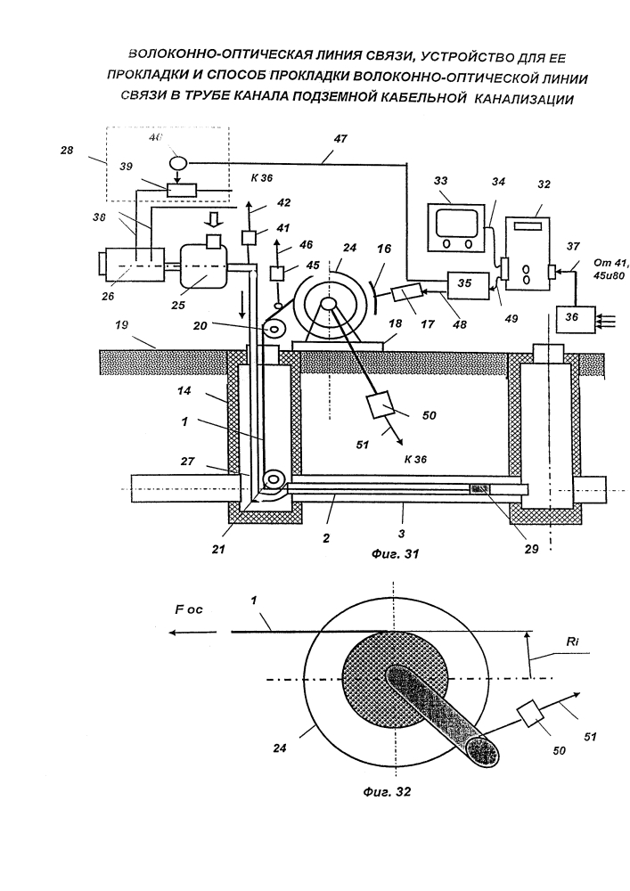 Волоконно-оптическая линия связи и устройство для ее прокладки в трубе канала подземной кабельной канализации (патент 2632576)