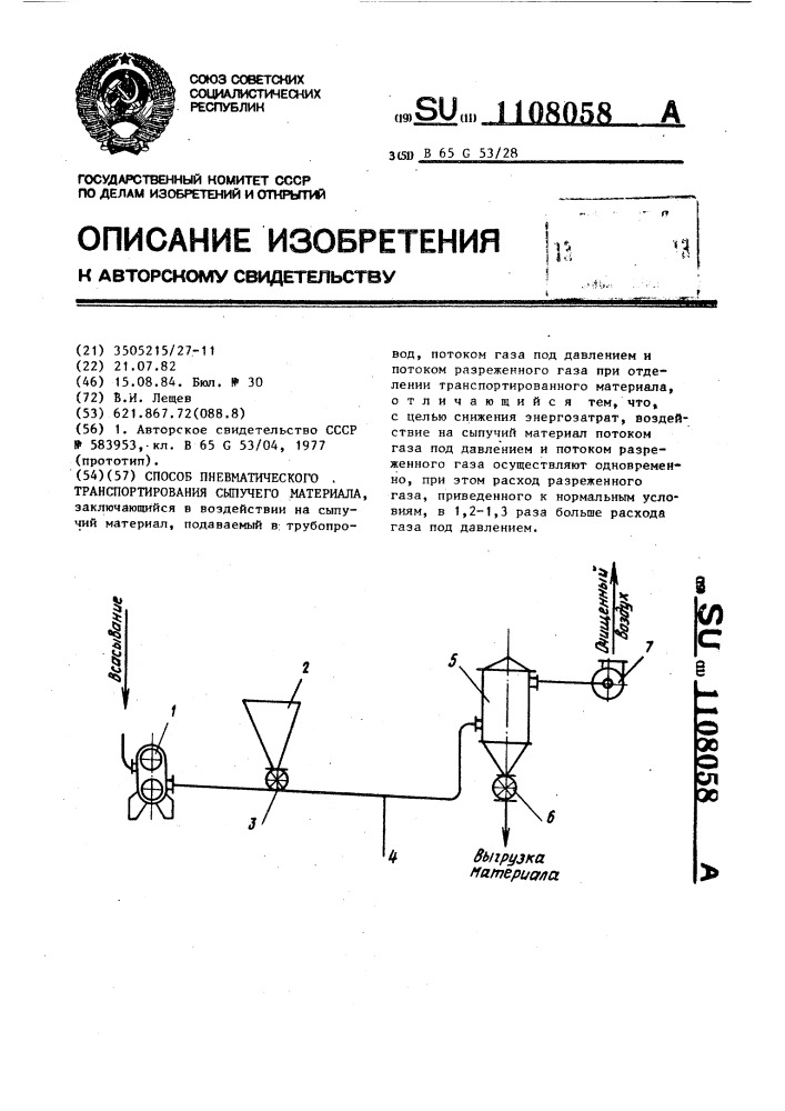 Способ пневматического транспортирования сыпучего материала (патент 1108058)
