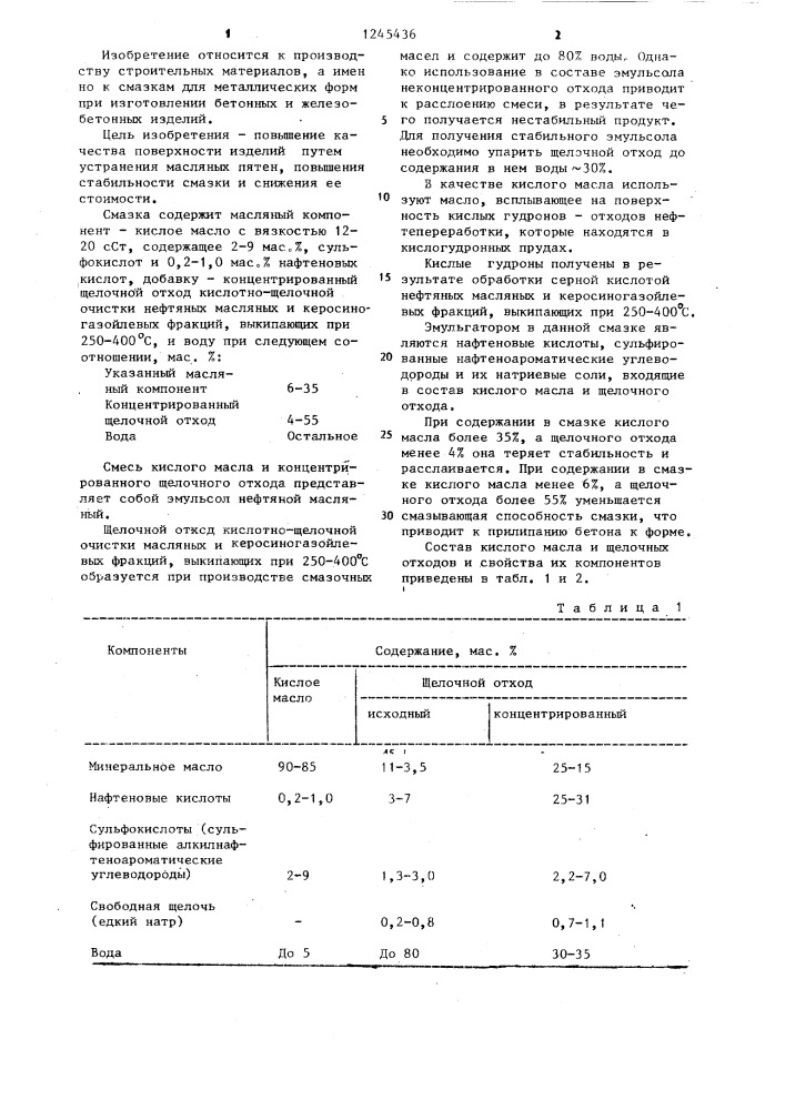 Смазка для металлических форм (патент 1245436)