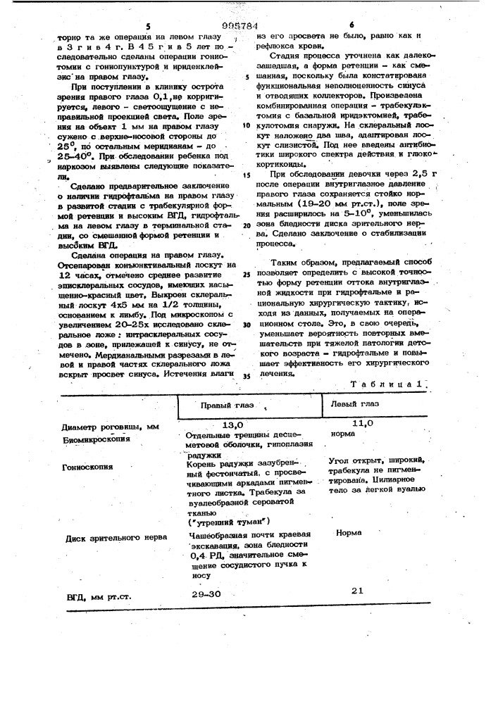 Способ определения уровней ретенции оттока при глаукоме (патент 995784)