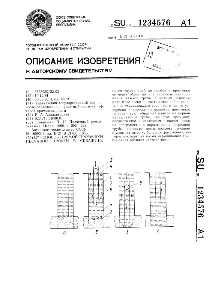 Способ прямой промывки песчаной пробки в скважине (патент 1234576)