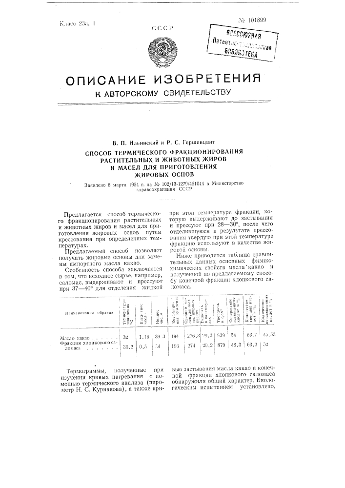 Способ термического фракционирования растительных и животных жиров и масел для приготовления жировых основ (патент 101899)