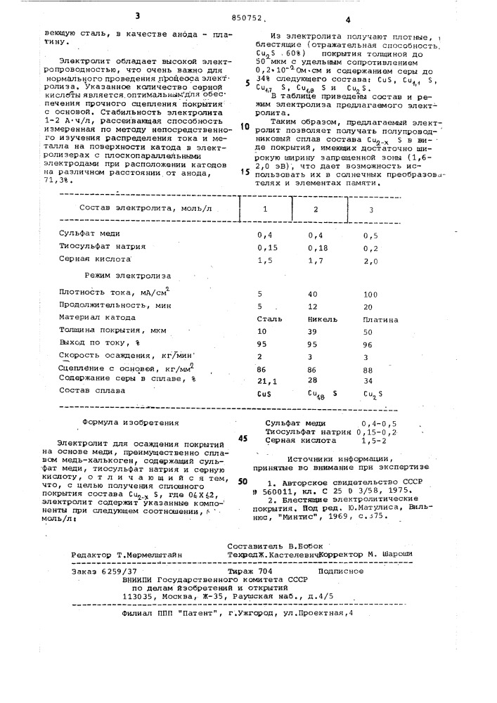 Электролит для осаждения по-крытий ha ochobe меди (патент 850752)
