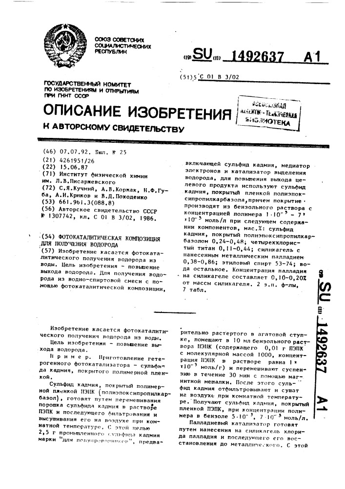 Фотокаталитическая композиция для получения водорода (патент 1492637)