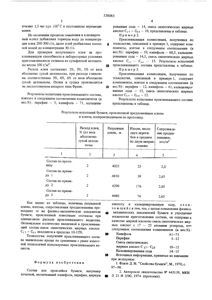 Состав для проклейки бумаги (патент 538083)