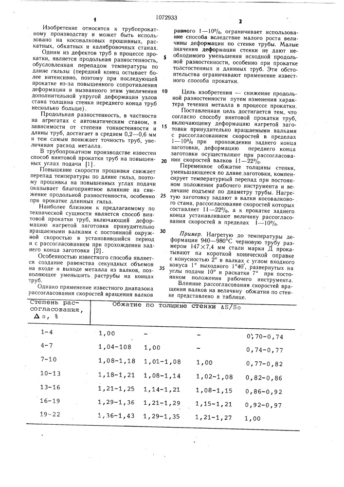 Способ винтовой прокатки труб (патент 1072933)