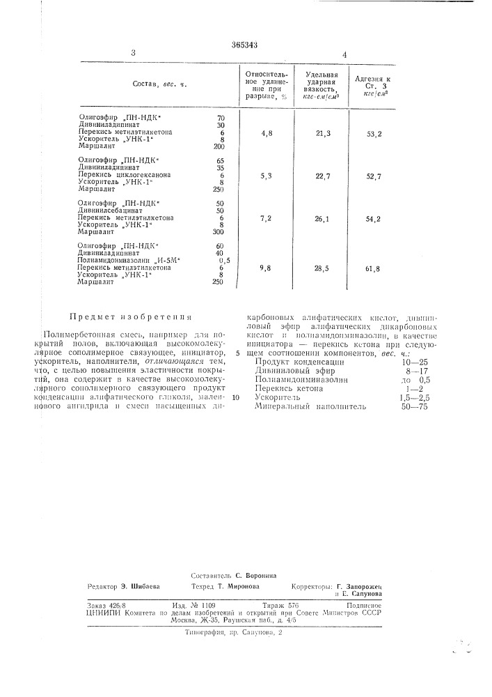 Полимербетонная смесь (патент 365343)