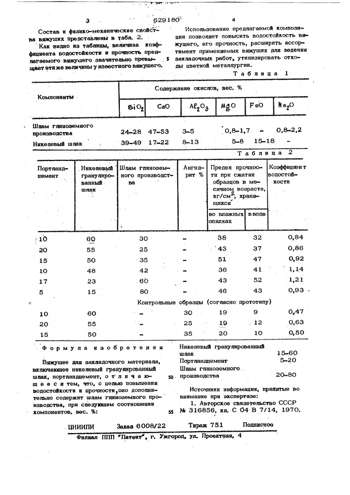 Вяжущее для закладочного материала (патент 629180)