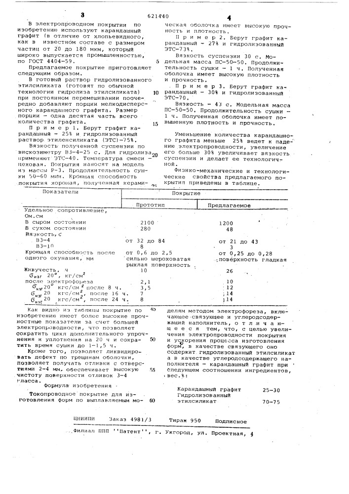Токопроводное покрытие для изготовления форм по выплавляемым моделям (патент 621440)