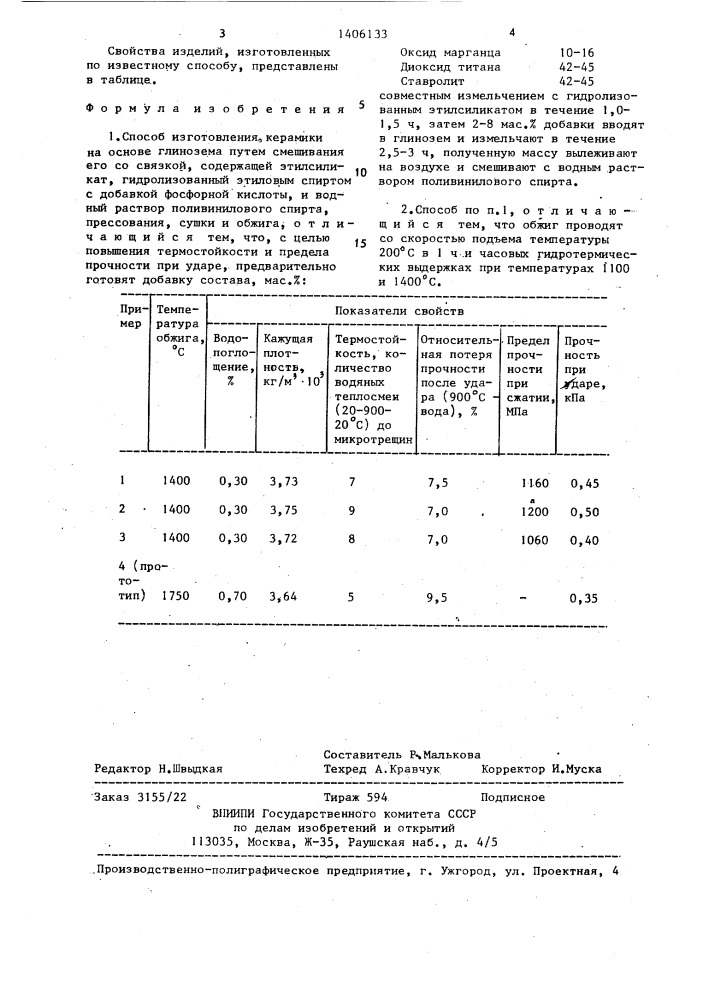 Способ изготовления керамики (патент 1406133)