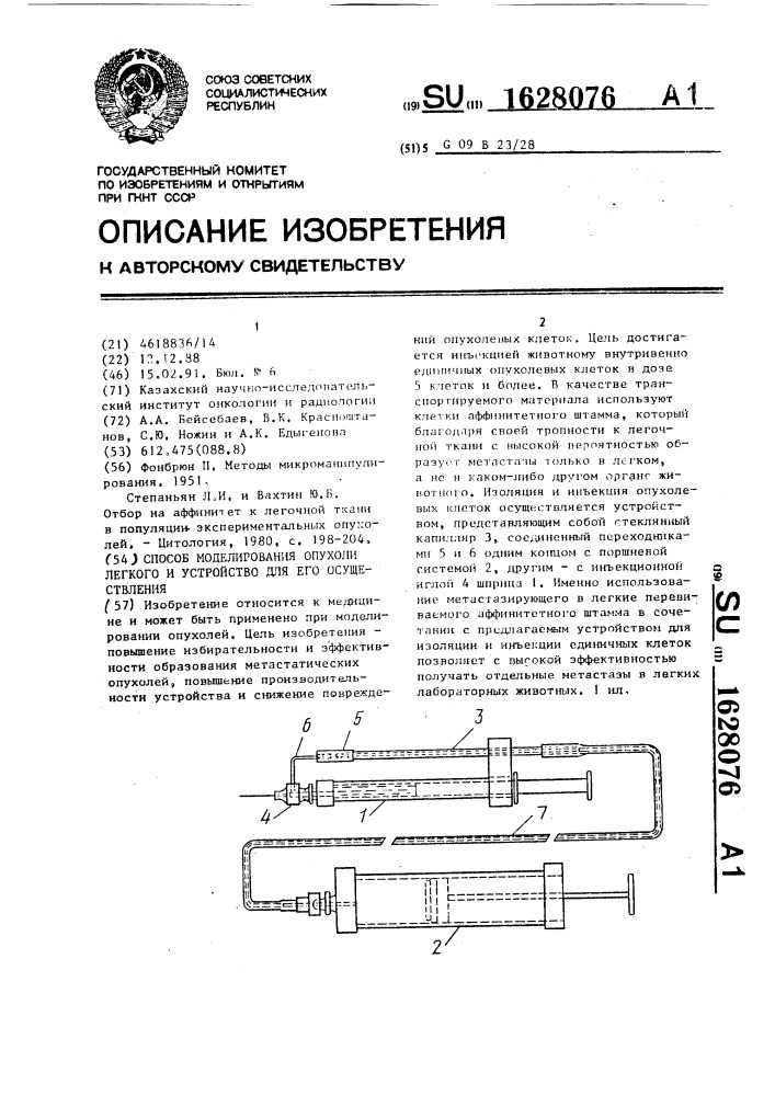 Способ моделирования опухоли легкого и устройство для его осуществления (патент 1628076)