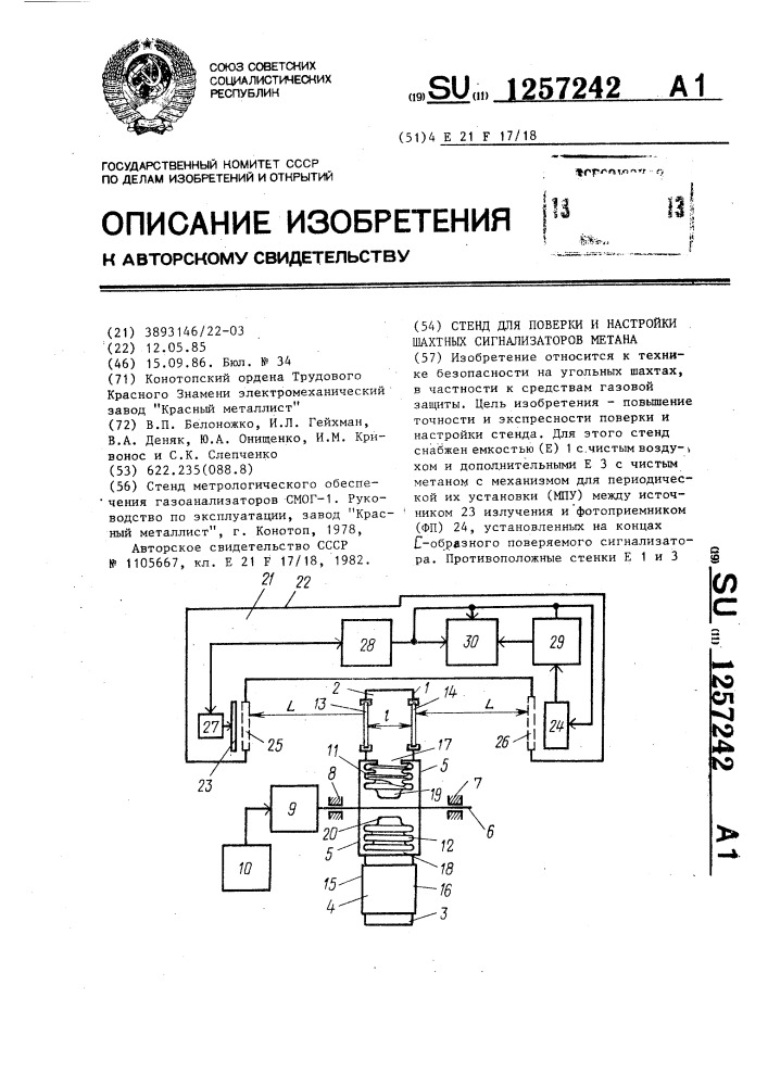 Стенд для поверки и настройки шахтных сигнализаторов метана (патент 1257242)