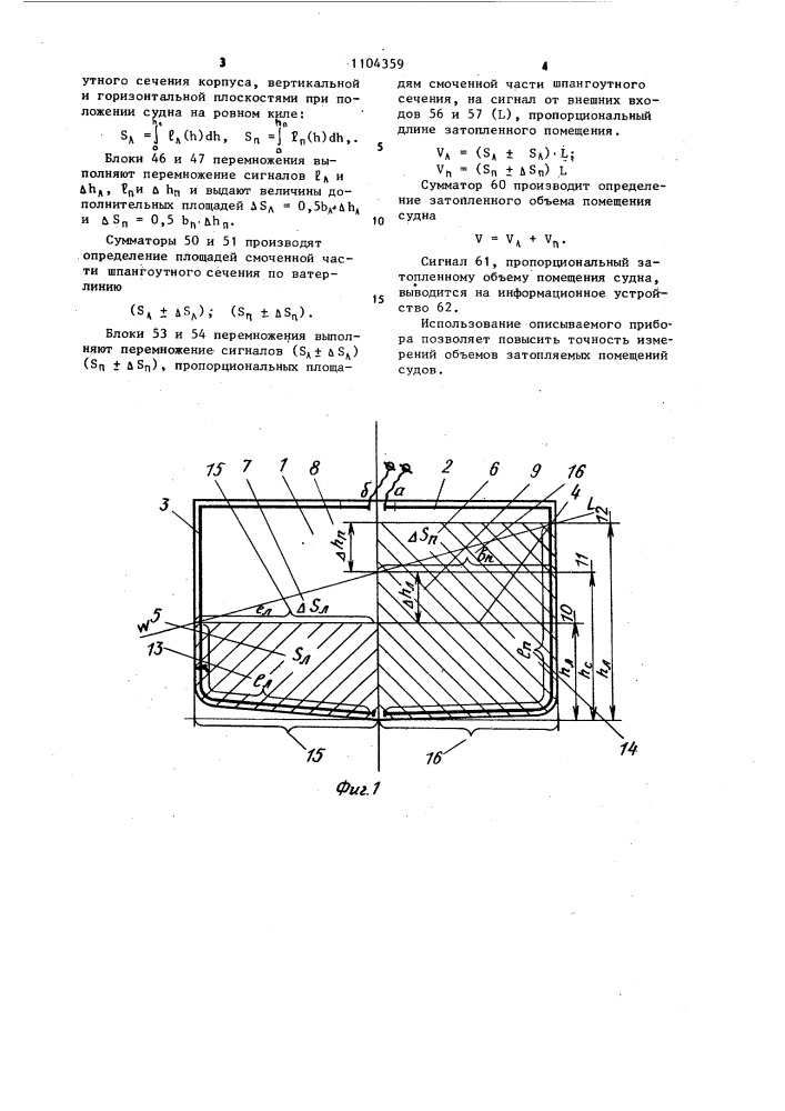 Прибор грудина для измерения объема затопляемого помещения судна (патент 1104359)