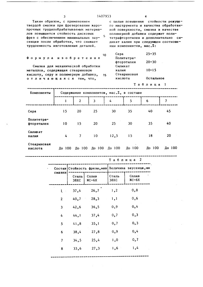 Смазка для механической обработки металлов (патент 1407953)